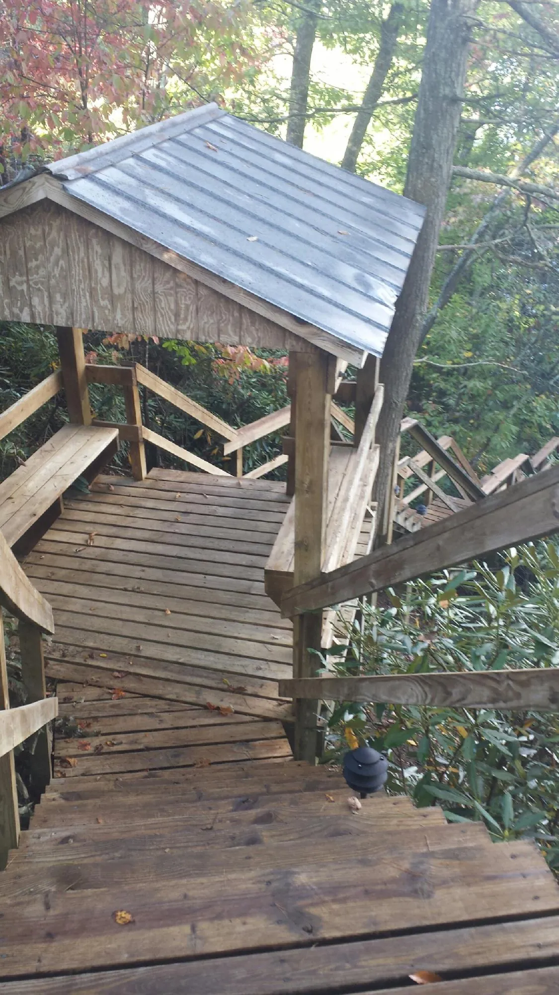 Metal roofed shelter over wooden steps on a wooded walkway — Skylight Repair & Installation work by our crew in Copperhill